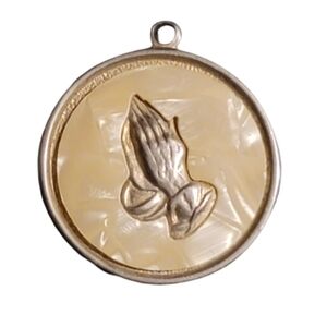 SERENITY Praying Hands Pendant Gold Toned 1" Vintage